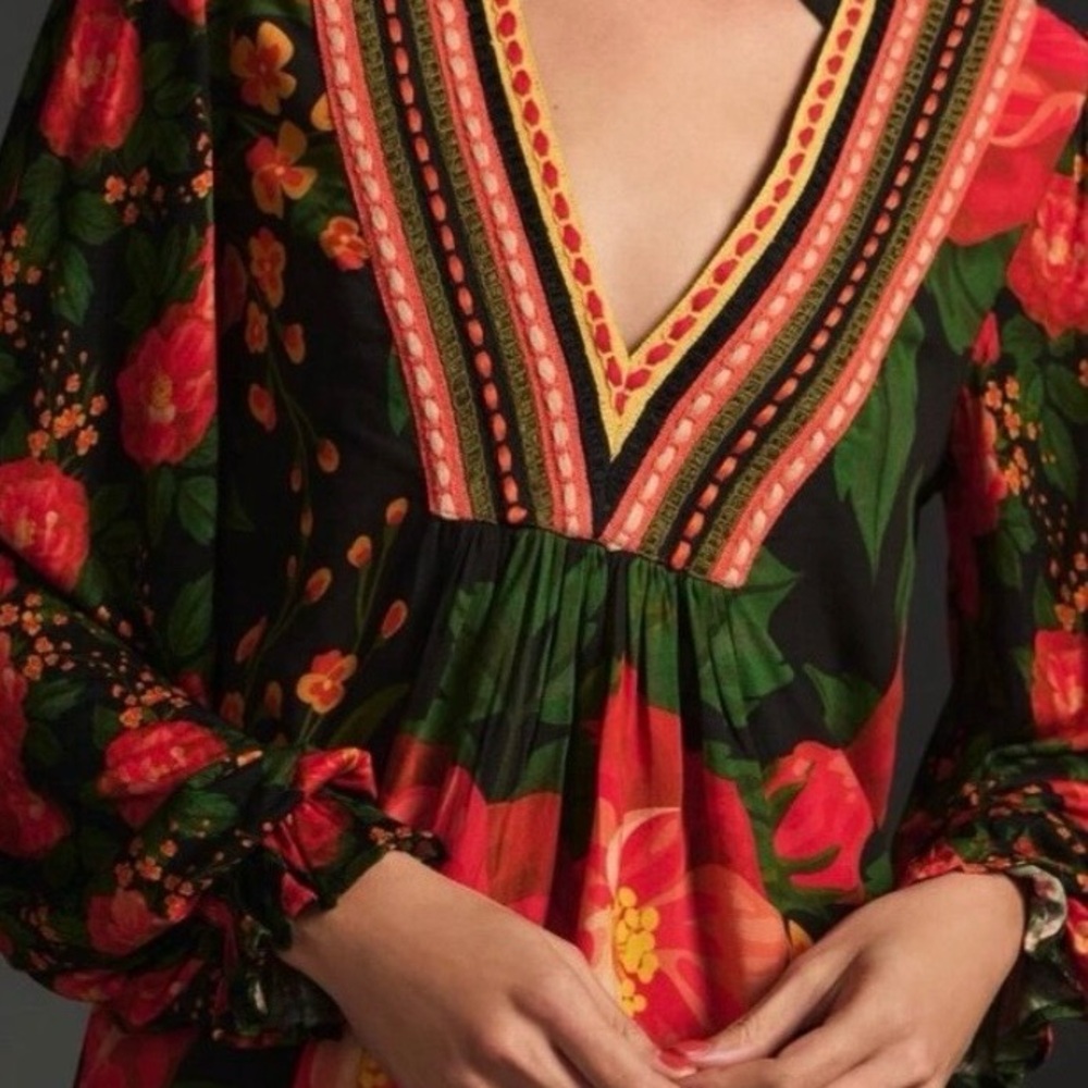 Anthropologie Blank London Stephanie Floral Embroidered Peasant V- Neck Top. S